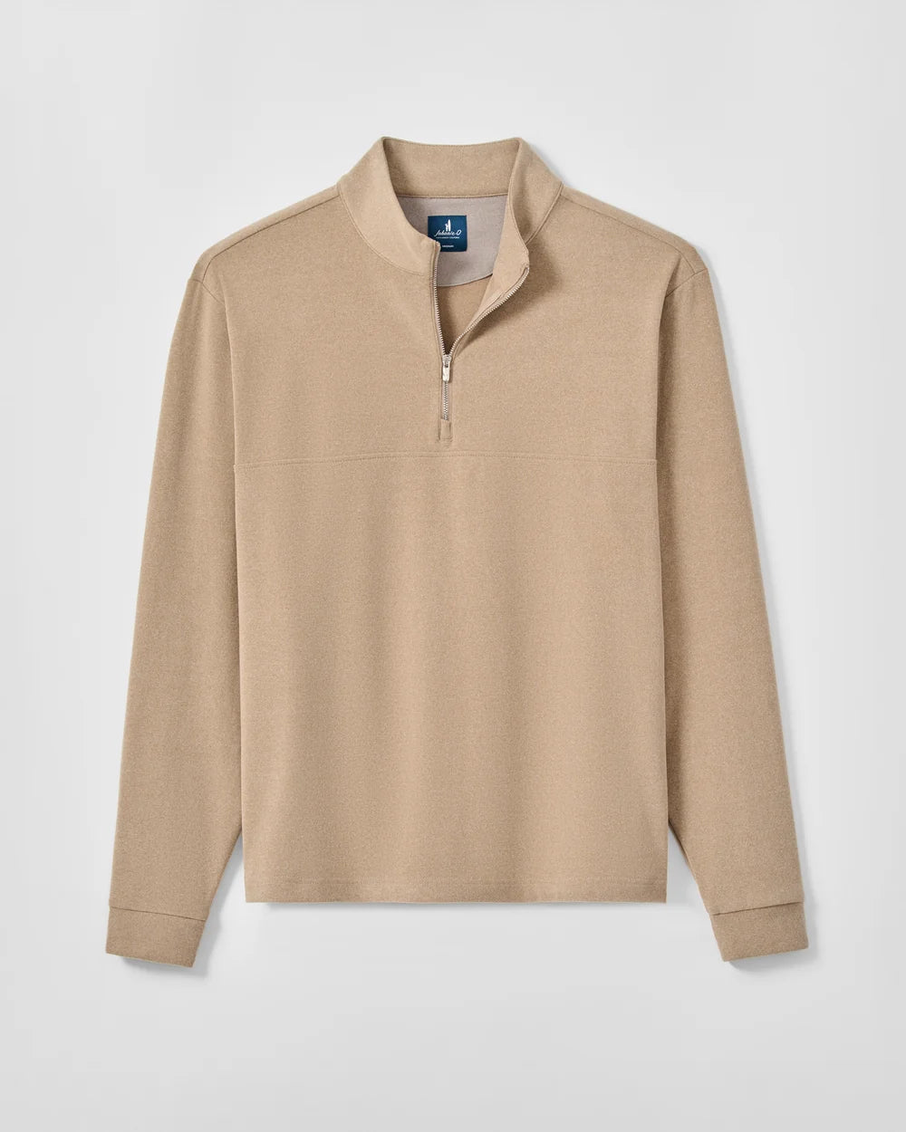 A beige long-sleeve quarter-zip pullover sweater with a mock neck collar, displayed flat against a light gray background.
