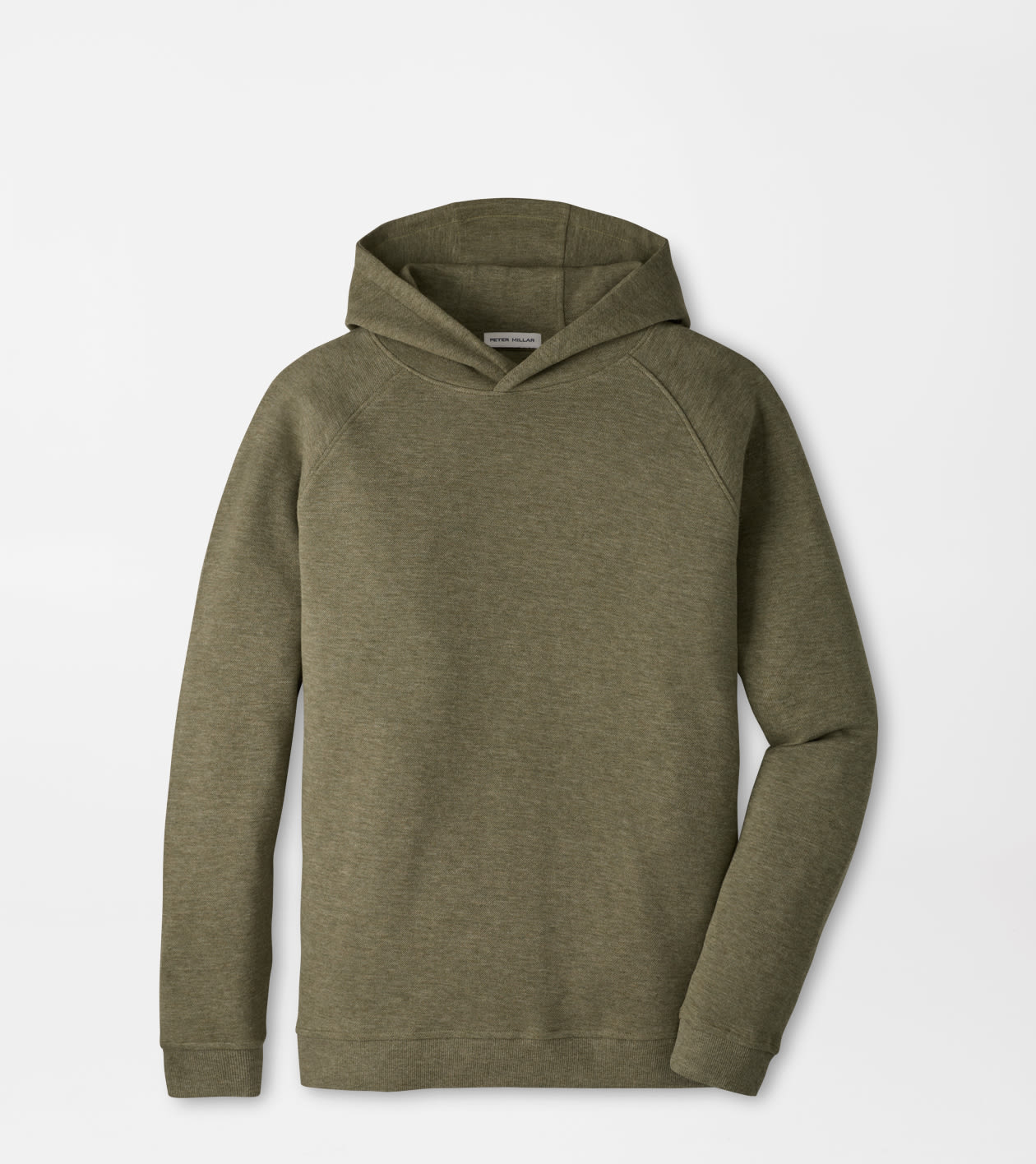 An olive green pullover hoodie with raglan sleeves, shown flat against a light gray background.