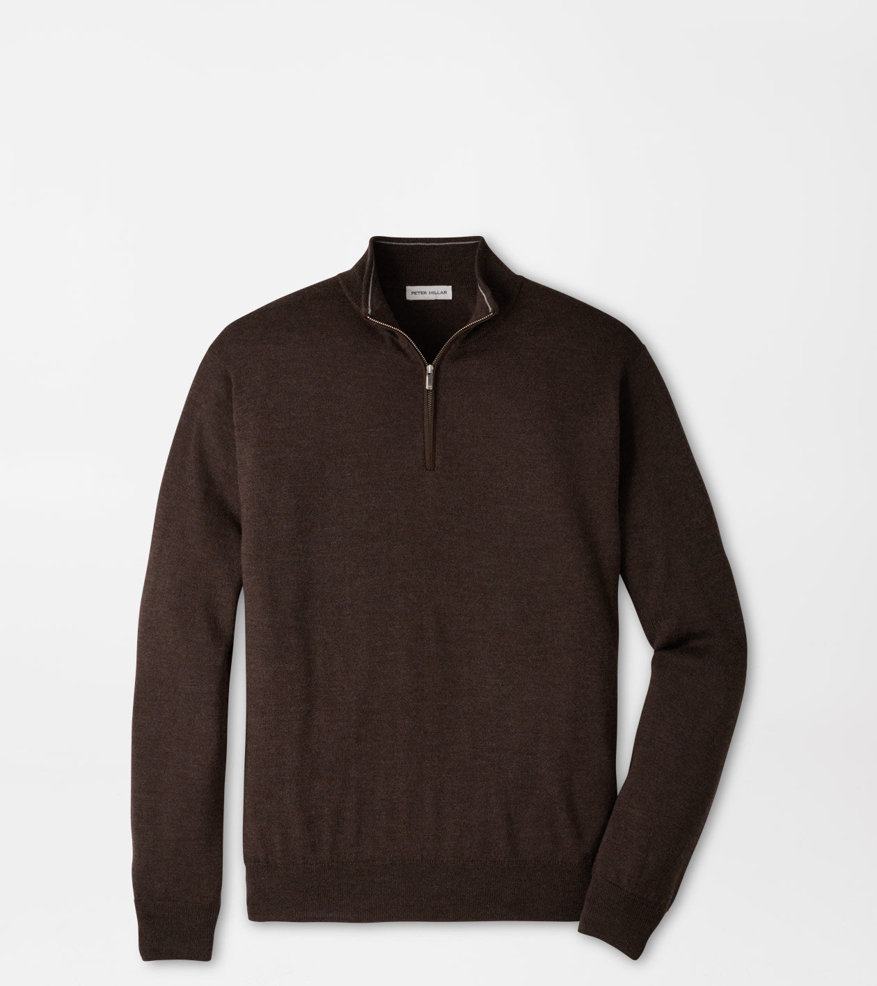 A dark brown long-sleeve quarter-zip knit sweater displayed flat against a light gray background.