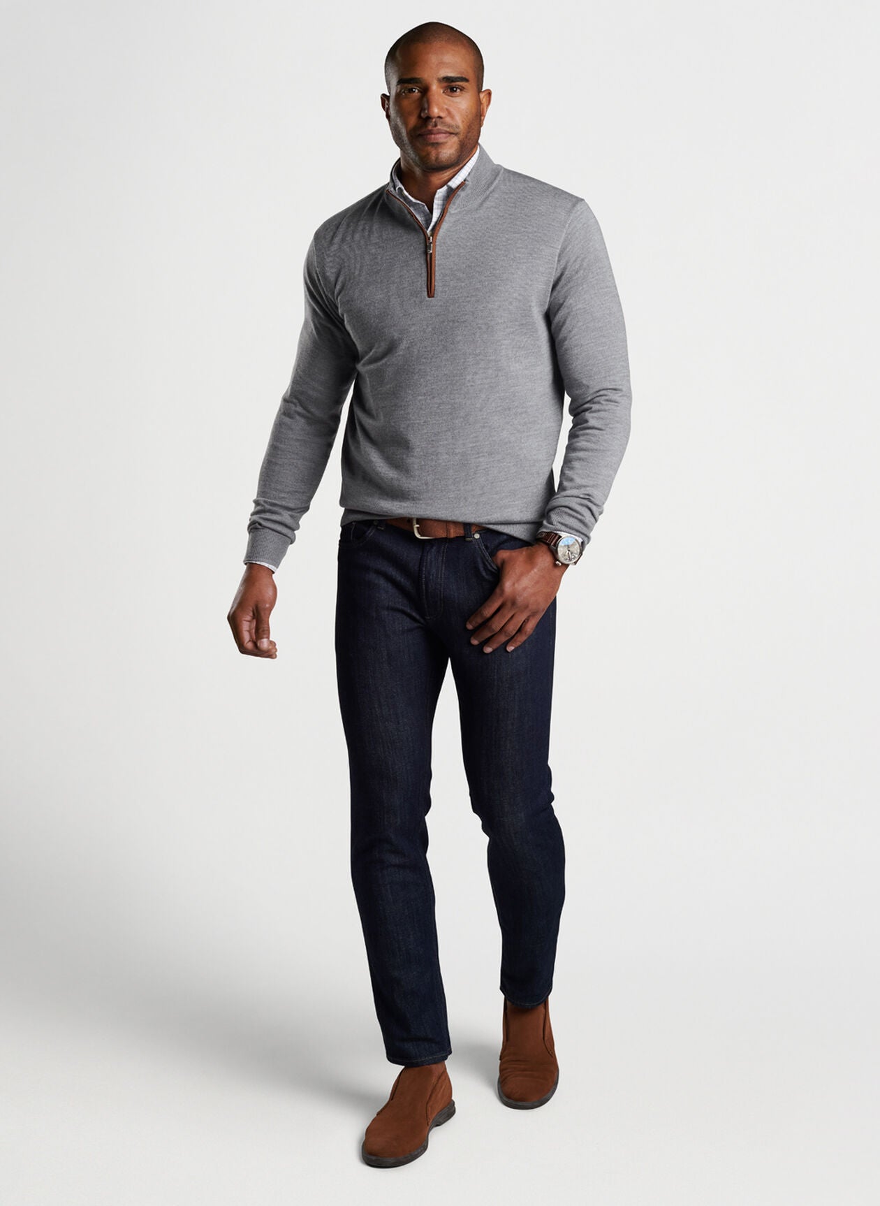 Peter Millar Autumn Crest Suede Trim 1/4 Zip - British Grey
