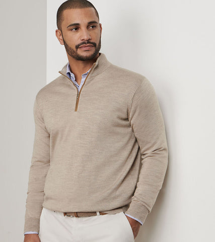 Peter Millar Autumn Crest Suede Trim 1/4 Zip - Light Elm