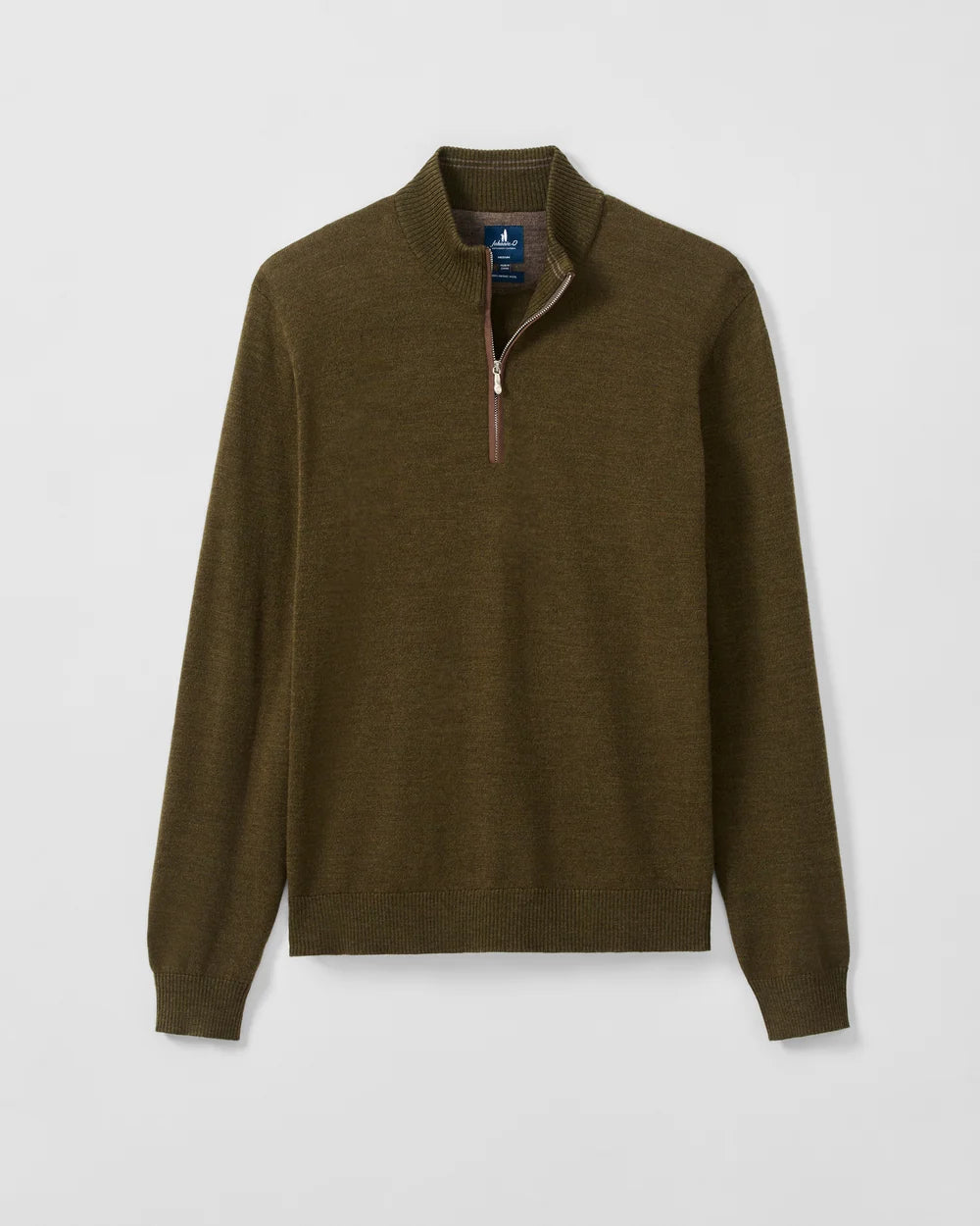 An olive brown quarter-zip knit sweater with a mock neck collar, displayed on a light gray background.