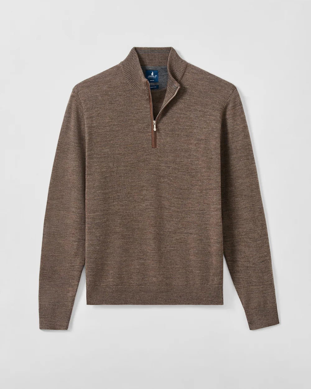 A brown half-zip knit sweater with a stand collar, displayed flat against a light gray background.