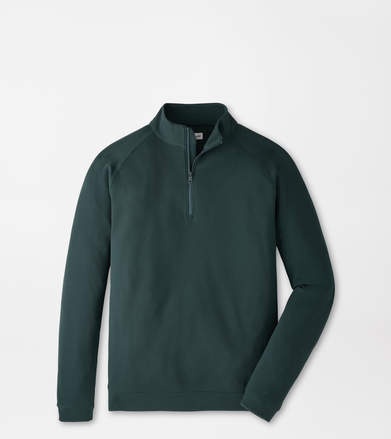 A dark forest green quarter-zip pullover sweatshirt with raglan sleeves, displayed on a clean light gray background.