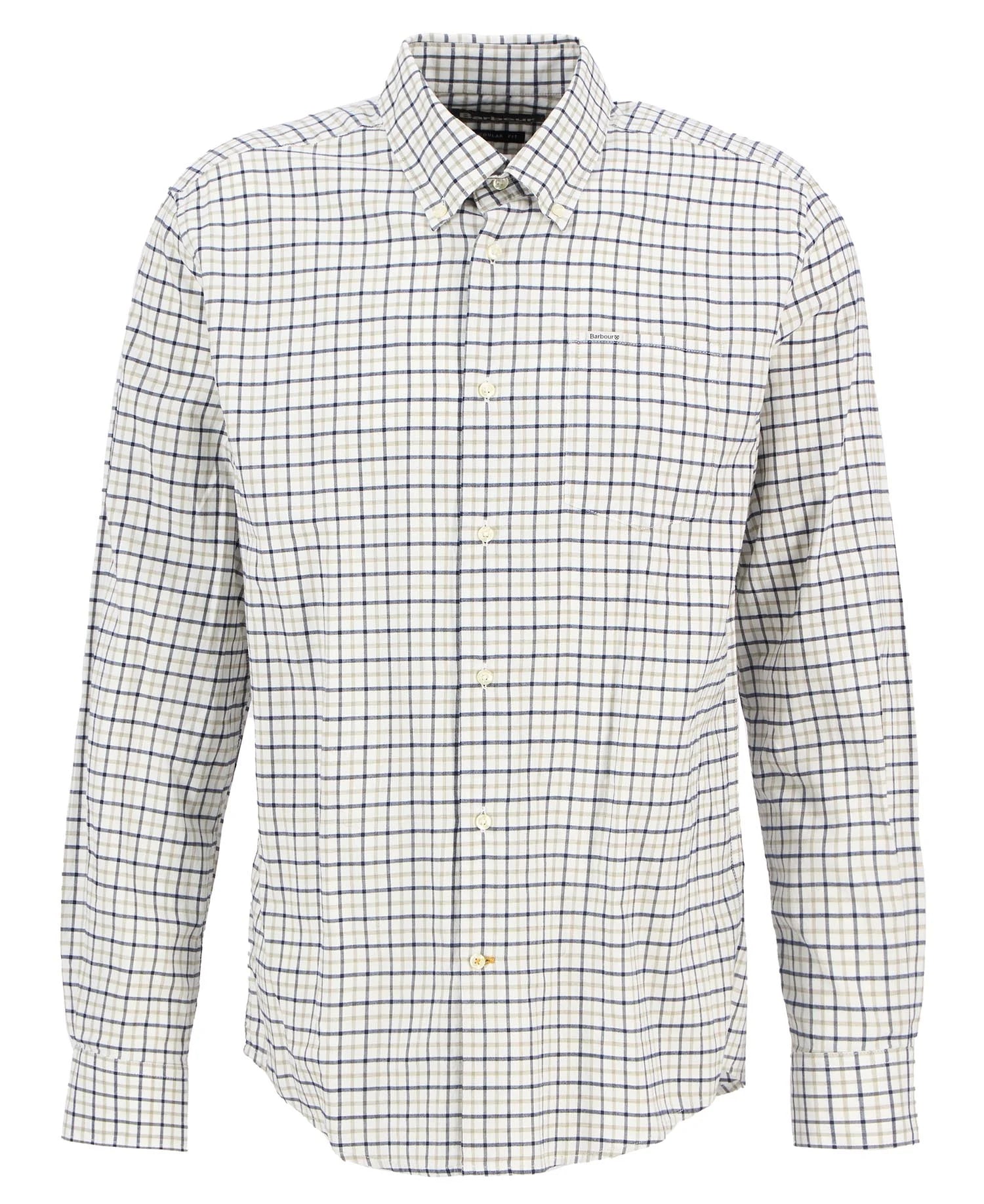 A long-sleeve button-down shirt with a white base and a fine blue and green windowpane check pattern, shown on a plain white background.