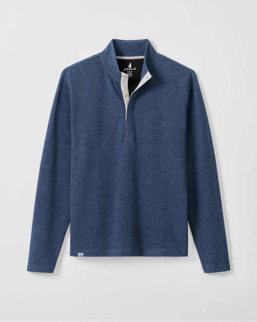 A men's long-sleeve quarter-zip pullover sweater in heathered blue, featuring a stand-up collar and a light-colored inner placket, shown against a light gray background.