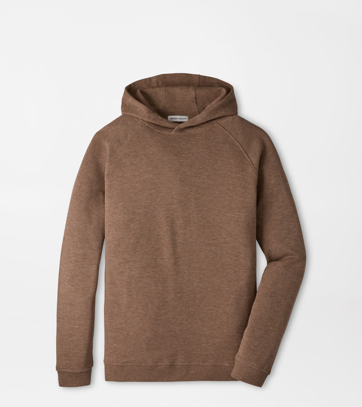A brown heathered pullover hoodie with raglan sleeves, shown flat against a light gray background.