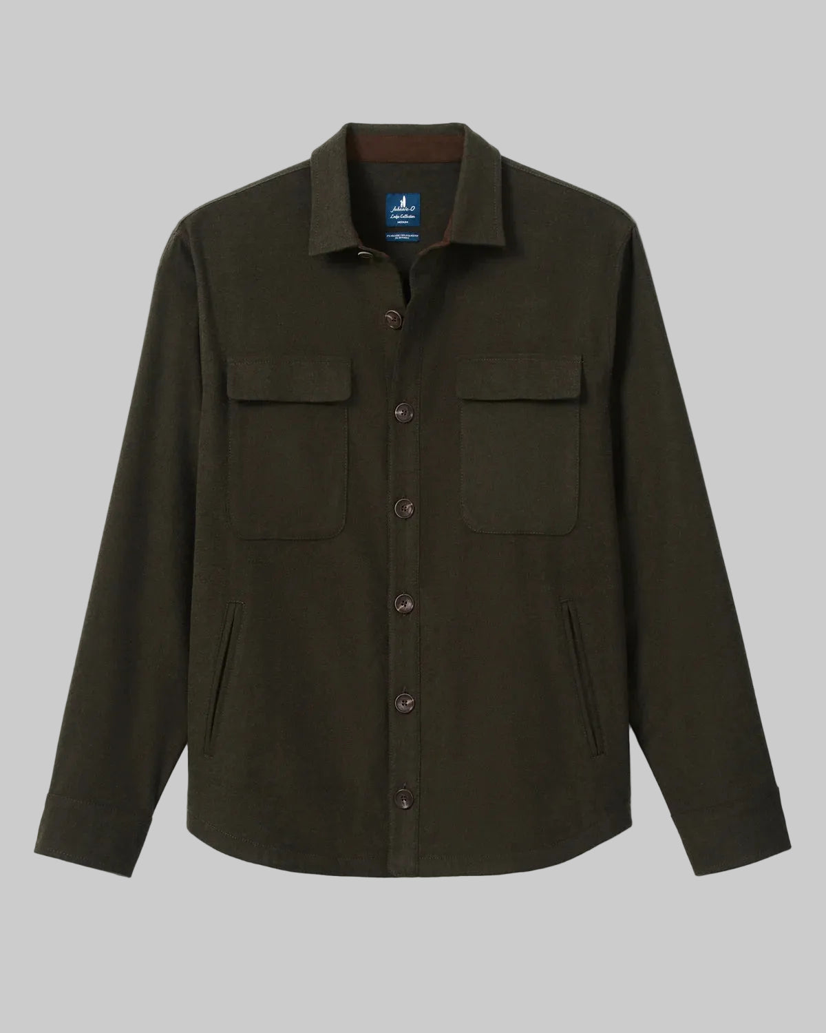An olive green long-sleeve button-up shirt jacket with two chest flap pockets, displayed flat against a light gray background.