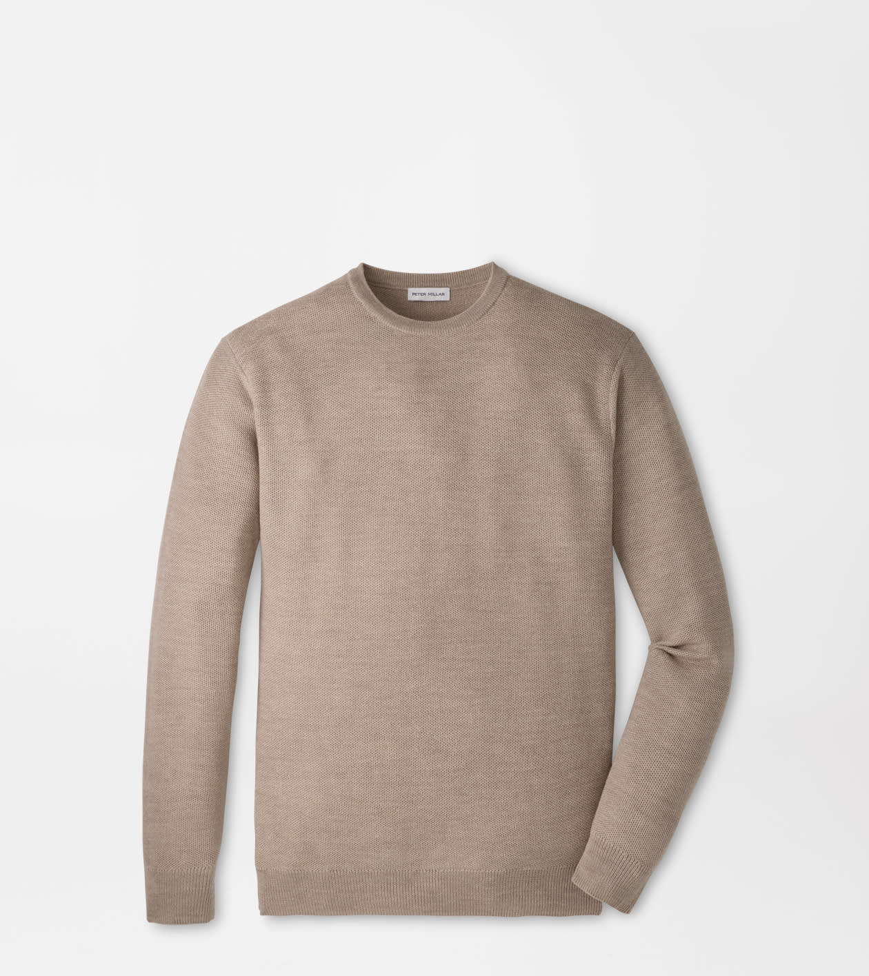 A light taupe crewneck knit sweater displayed flat against a clean white background.