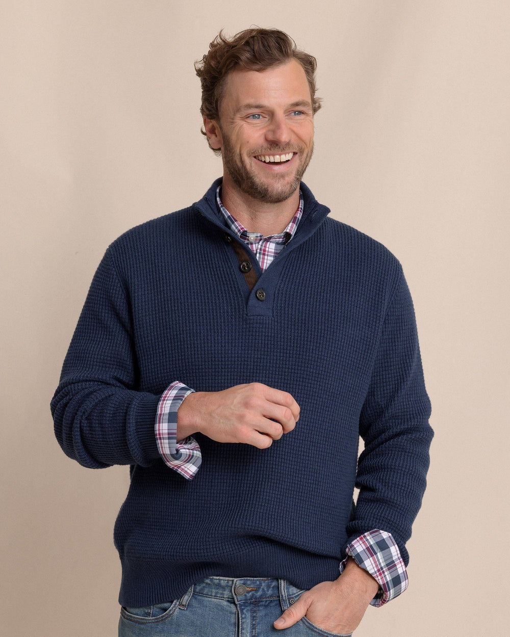 Southern Tide Bass Creek Heather 1/4 Button Sweater - Dress Blue