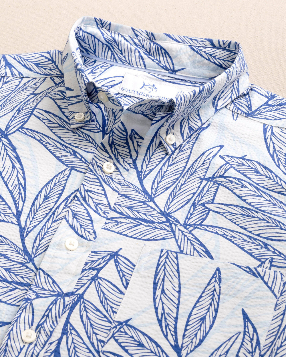 Southern Tide Short Sleeve Blue Palms Seersucker Sport Shirt - Blue Lolite