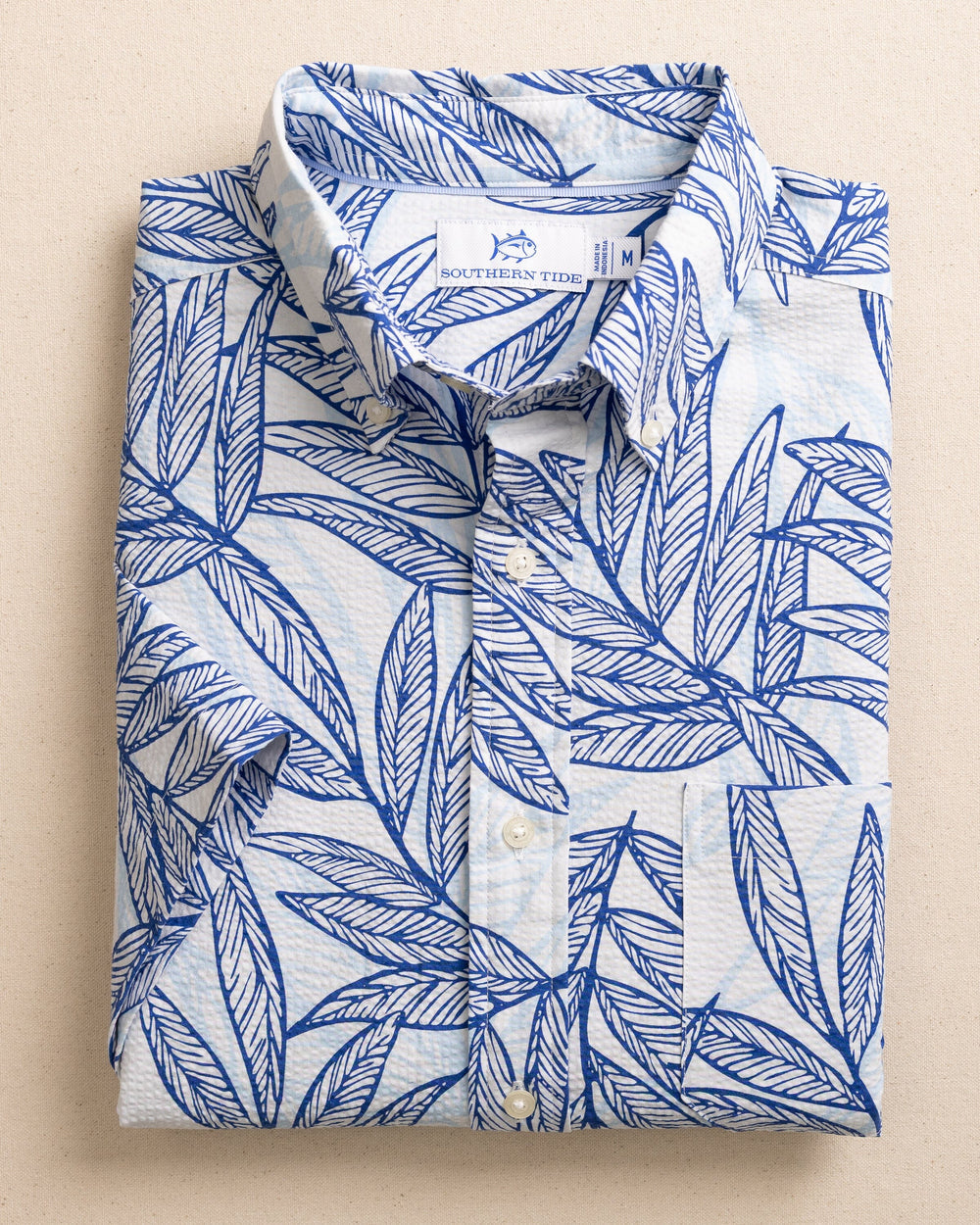 Southern Tide Short Sleeve Blue Palms Seersucker Sport Shirt - Blue Lolite