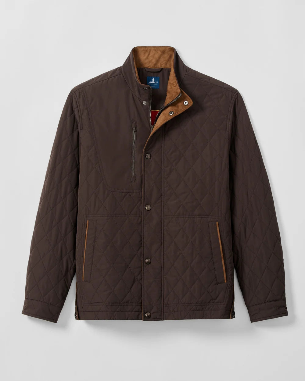 A dark brown diamond-quilted jacket with a tan interior lining and snap-button front, displayed on a neutral light gray background.