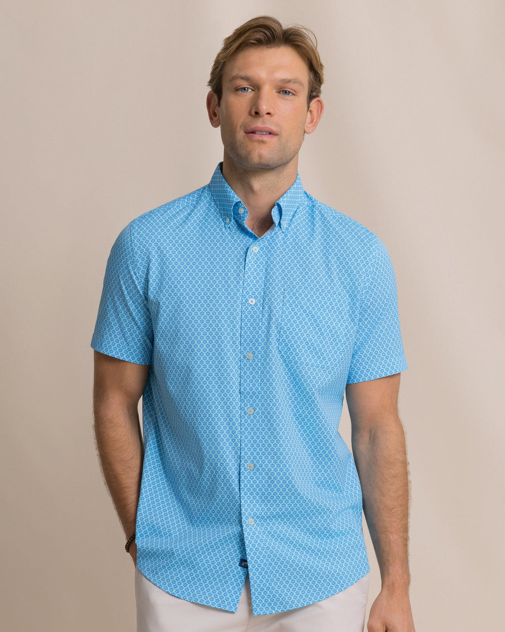 Southern Tide Short Sleeve Coastal Breeze Flower Garden Sport Shirt - Tropical Breeze Blue