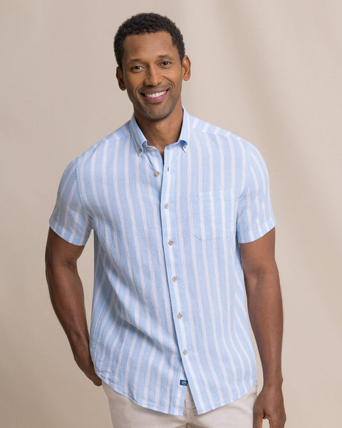 Southern Tide Short Sleeve Linen Rayon Seamark Stripe Sport Shirt