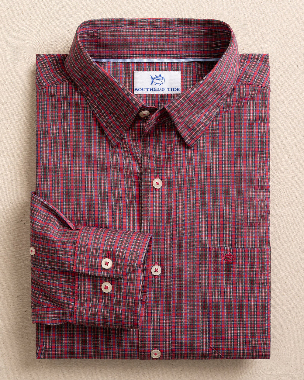Southern Tide Charleston SC Tartan Sport Shirt - Crab Red