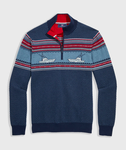Vineyard Vines Fishing Fairisle 1/4 Zip Sweater - Nautical Navy