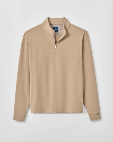 A beige long-sleeve quarter-zip pullover sweater with a mock neck collar, displayed flat against a light gray background.