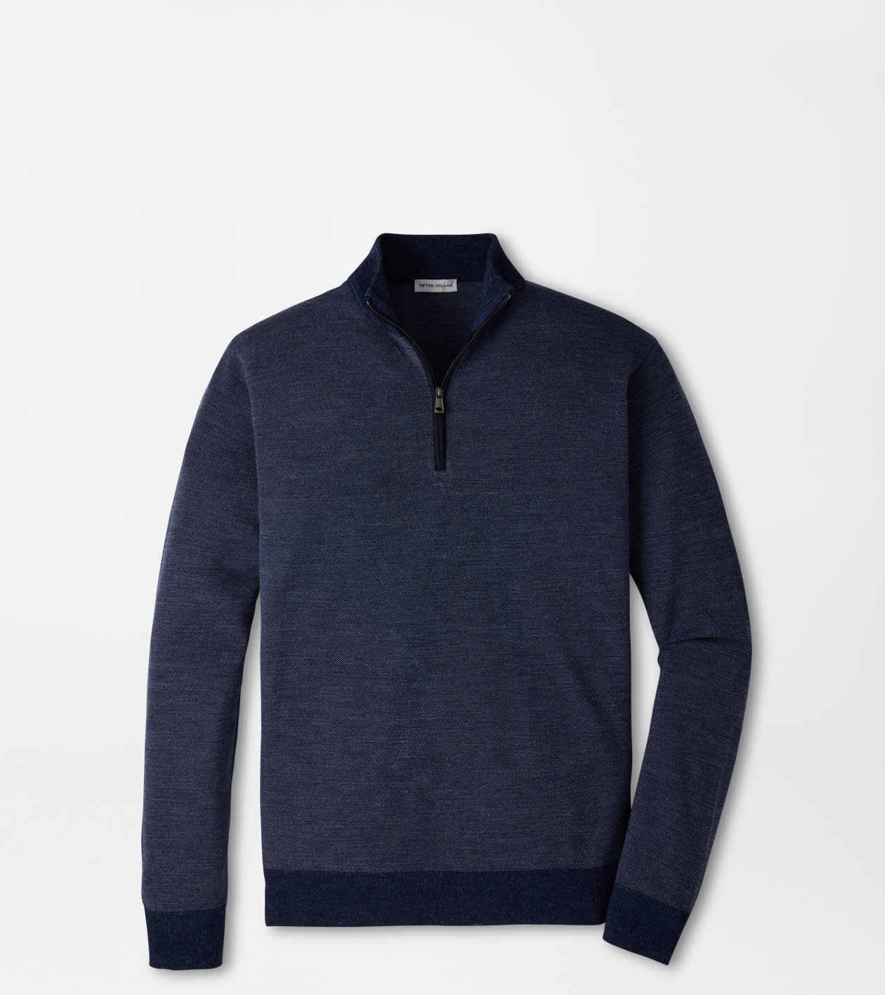 A men's navy blue quarter-zip sweater with a heathered texture, ribbed collar, cuffs, and hem, displayed on a clean white background.
