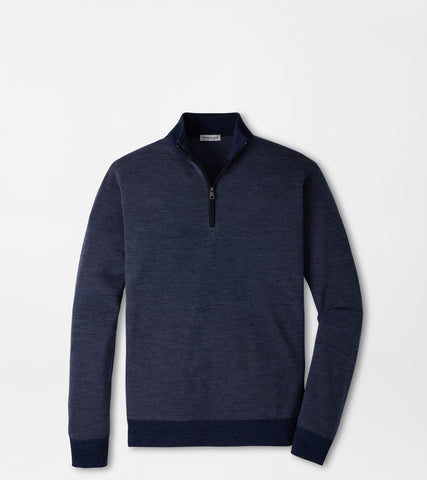 A men's navy blue quarter-zip sweater with a heathered texture, ribbed collar, cuffs, and hem, displayed on a clean white background.