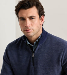 A man wearing a navy blue textured quarter-zip pullover sweater over a collared blue shirt, photographed against a plain light background.