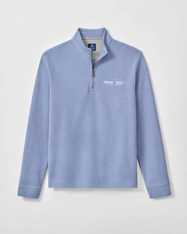 A light blue heathered quarter-zip pullover sweater with a mock neck collar, a zippered chest pocket, and a small embroidered logo on the chest, displayed against a light gray background.