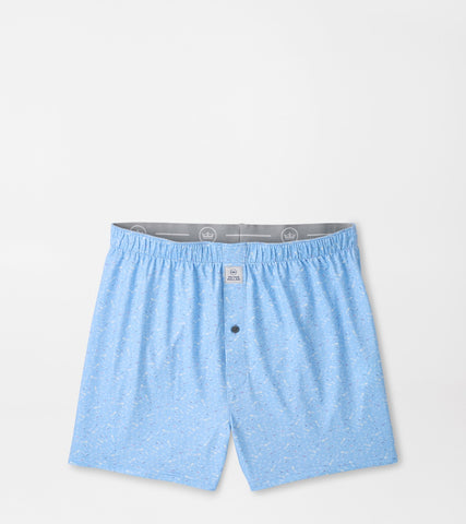 Light blue boxer briefs with a subtle speckled pattern, featuring an elastic waistband with a gray inner lining and a single button closure on the front.