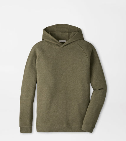 An olive green pullover hoodie with raglan sleeves, shown flat against a light gray background.