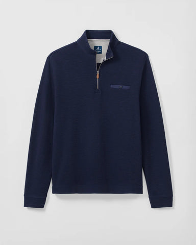 A navy blue long-sleeve quarter-zip pullover sweater with a stand collar and a small chest pocket, displayed against a light gray background.