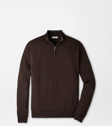 A dark brown long-sleeve quarter-zip knit sweater displayed flat against a light gray background.