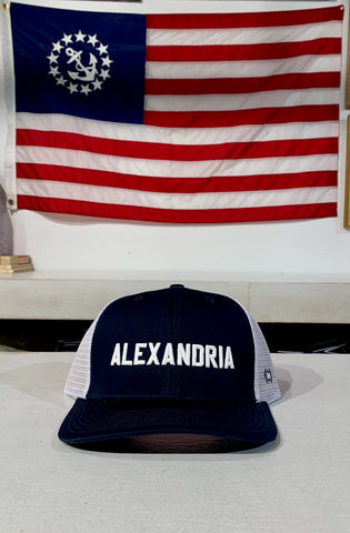 Alexandria (Code) Word Trucker Hat - Navy/White Mesh Back