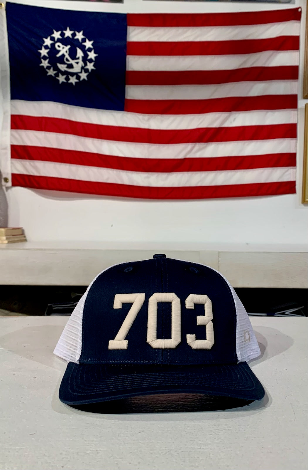 703 ( Code) Word Trucker Hat - Navy/White Mesh