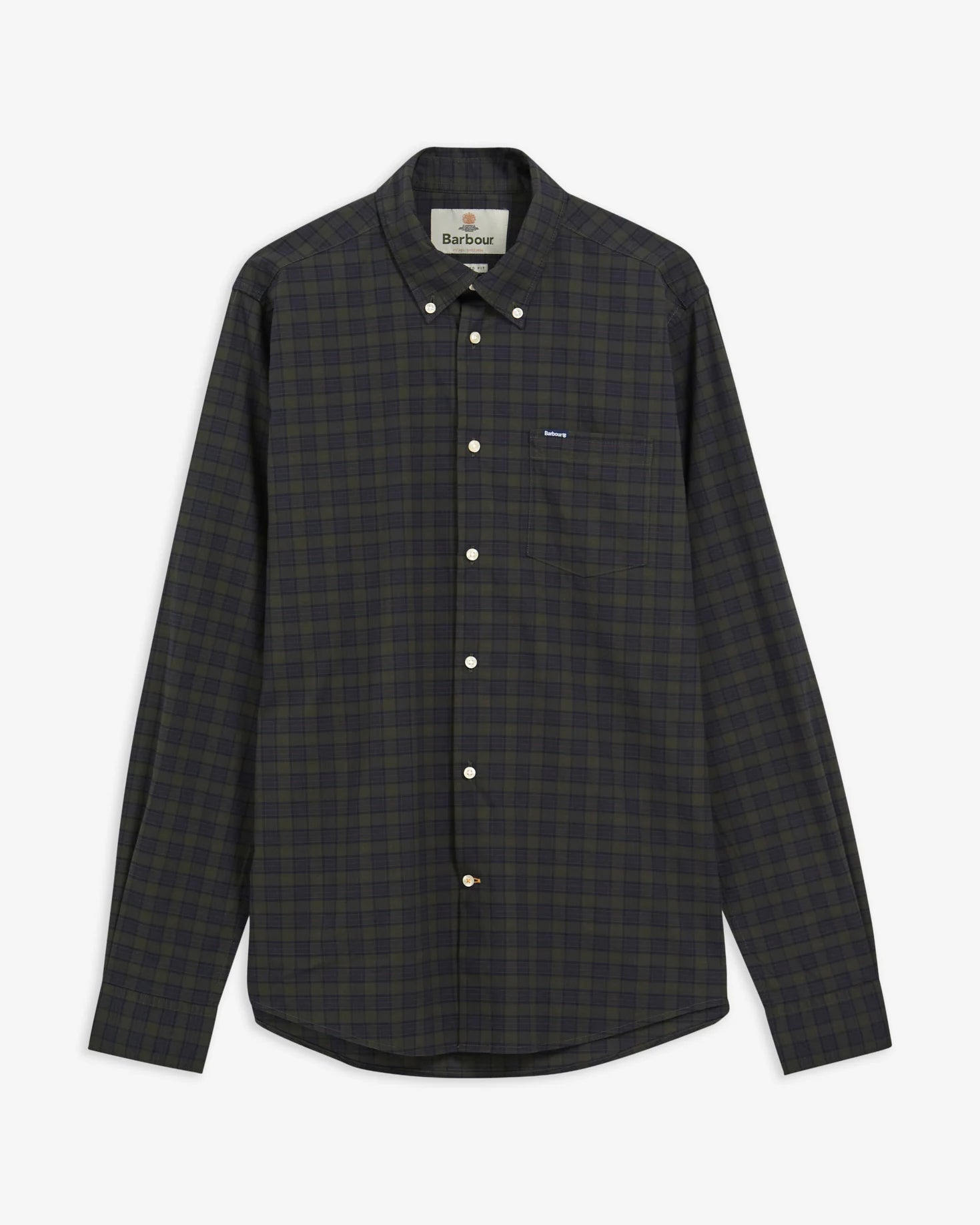 A long-sleeve button-down shirt by Barbour in a dark green and black plaid pattern, displayed flat against a light gray background.