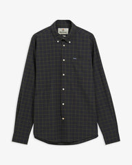 A long-sleeve button-down shirt by Barbour in a dark green and black plaid pattern, displayed flat against a light gray background.