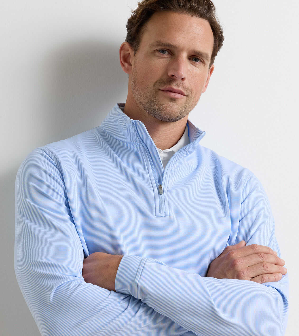 Peter Millar Perth Sugar Stripe Performance 1/4 Zip - Cottage Blue/White
