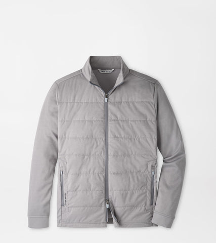 A light gray zip-up jacket with a stand collar and horizontal quilting, displayed flat against a clean white background.
