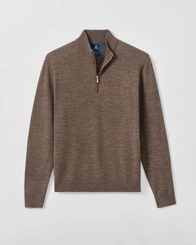 A brown half-zip knit sweater with a stand collar, displayed flat against a light gray background.