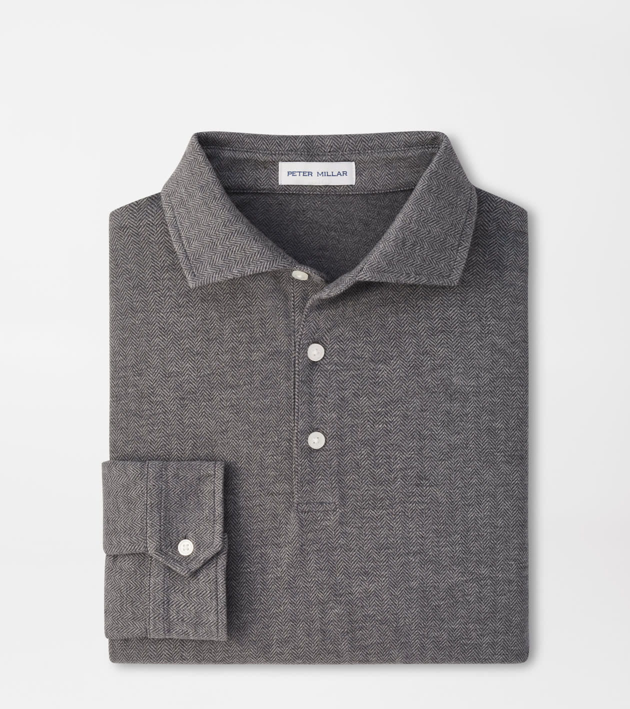 Peter Millar Herringbone Long Sleeve Polo - Charcoal