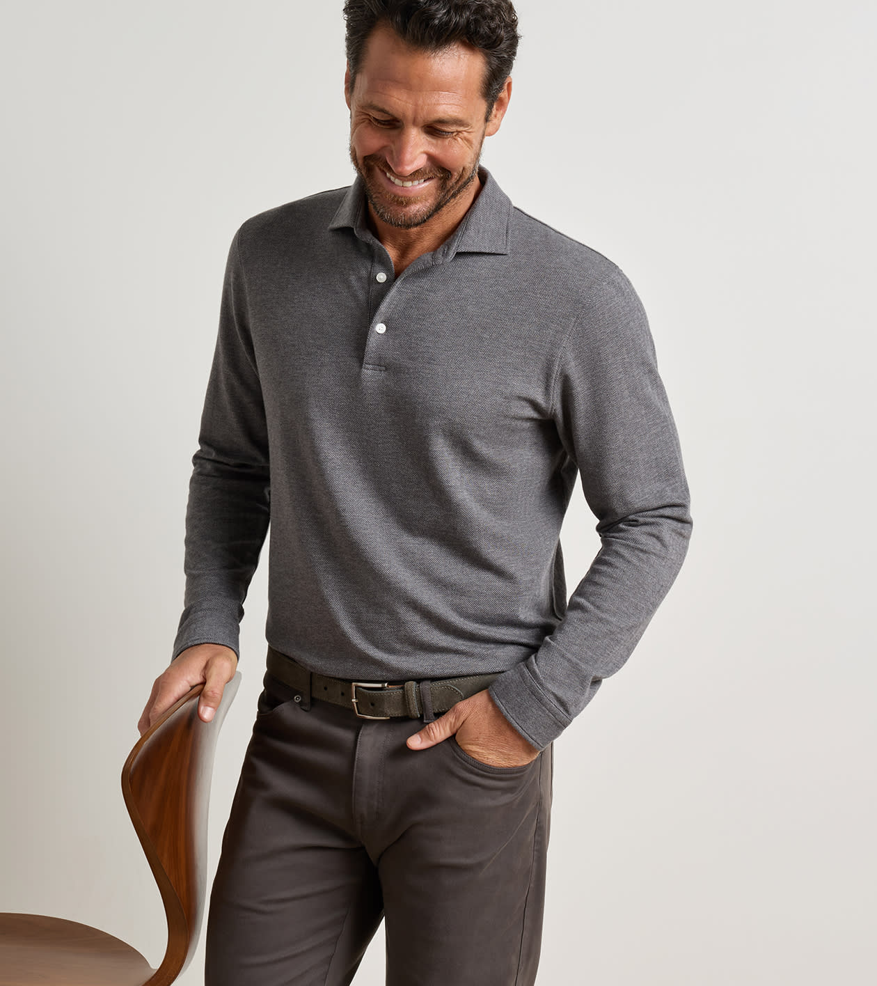Peter Millar Herringbone Long Sleeve Polo - Charcoal