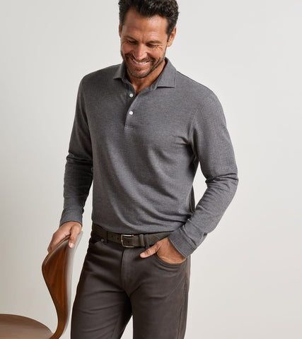 Peter Millar Herringbone Long Sleeve Polo - Charcoal