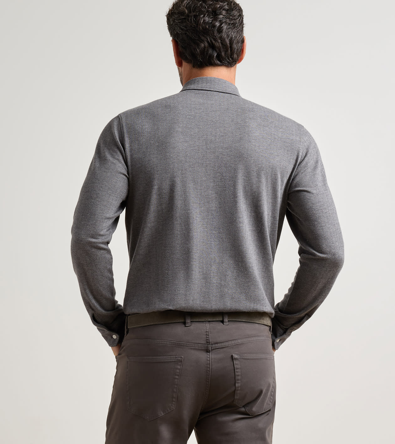 Peter Millar Herringbone Long Sleeve Polo - Charcoal