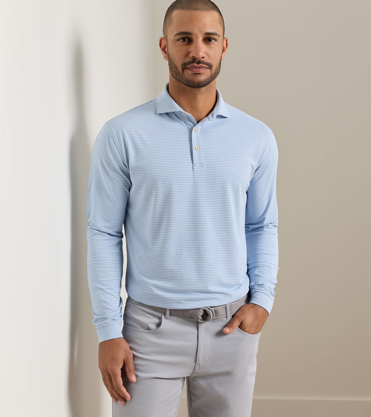 Peter Millar Lyons Stripe Performance Long Sleeve Polo - Lake Blue
