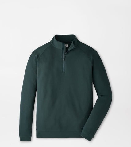 A dark forest green quarter-zip pullover sweatshirt with raglan sleeves, displayed on a clean light gray background.
