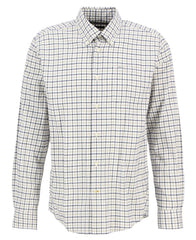 A long-sleeve button-down shirt with a white base and a fine blue and green windowpane check pattern, shown on a plain white background.