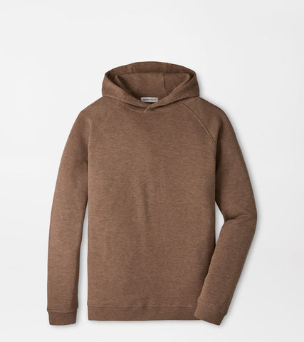 A brown heathered pullover hoodie with raglan sleeves, shown flat against a light gray background.