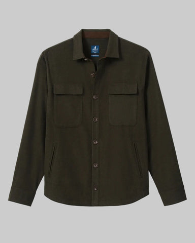 An olive green long-sleeve button-up shirt jacket with two chest flap pockets, displayed flat against a light gray background.
