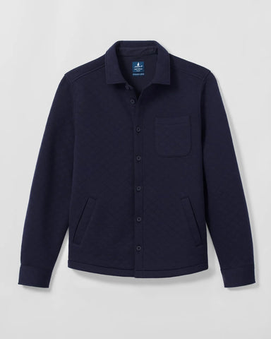 A dark navy blue quilted button-up shirt jacket with a collar, chest pocket, and two front hand pockets, displayed on a light gray background.