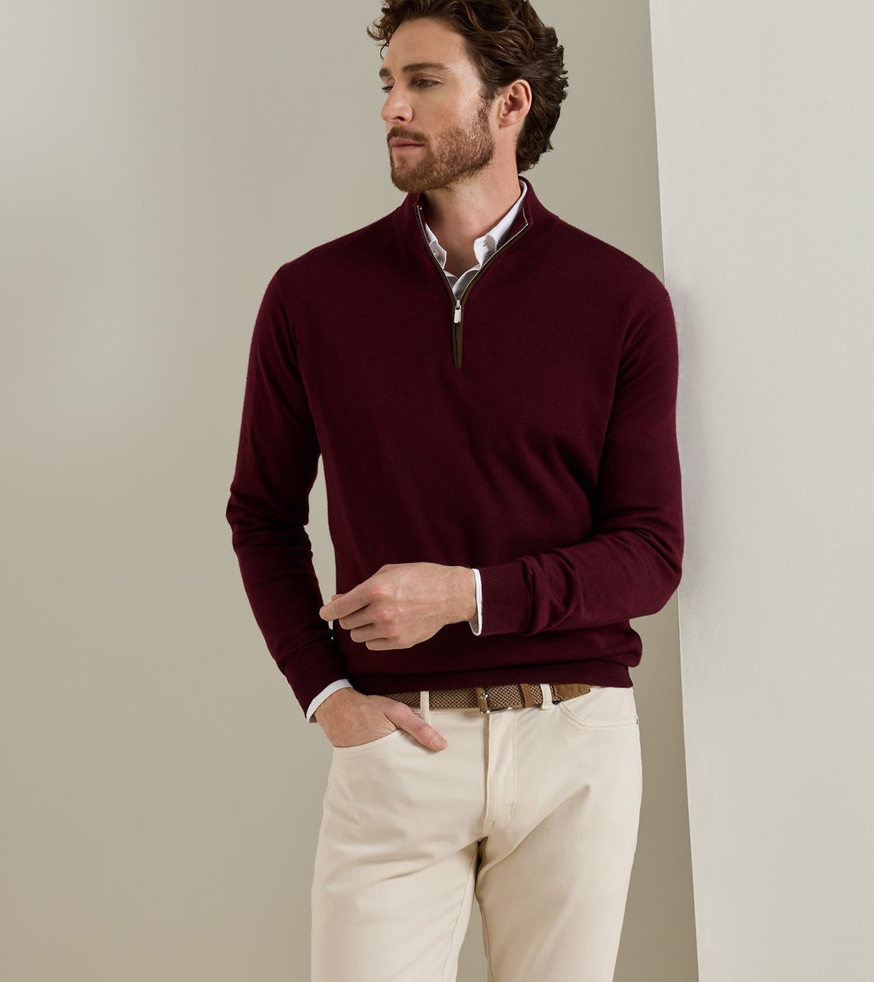Peter Millar Autumn Crest Suede Trim 1/4 Zip - Bordeaux