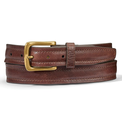 A dark brown leather belt with a polished gold-tone buckle, neatly coiled and presented on a clean white background.