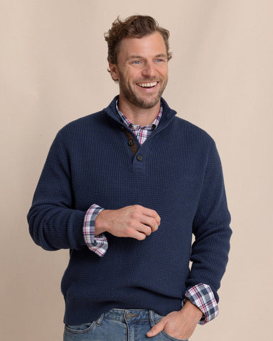 Southern Tide Bass Creek Hthr 1/4 Button Sweater - Dress Blue